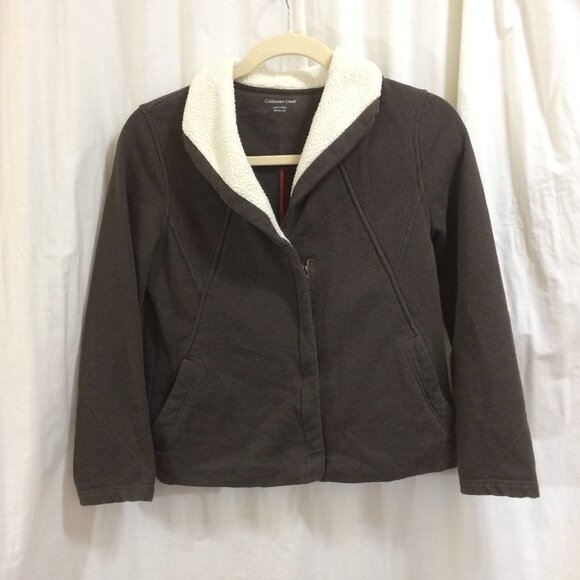 Coldwater Creek Zipper Front Jacket Shacket Brown Sherpa Collar Cotton Blend M - Picture 1 of 3